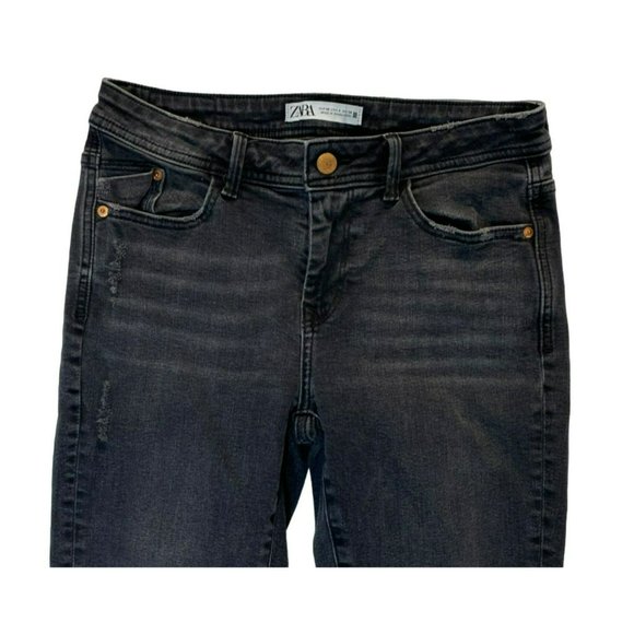 Zara Jeans Size 6 Mid Rise Skinny Stretch Black Faded Distressed Frayed Raw Hem - Picture 3 of 7